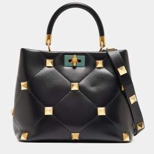 Pre Owned Valentino Black Quilted Leather Medium Roman Stud Top Handle Bag