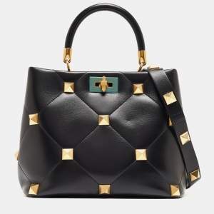 Valentino Black Quilted Leather Medium Roman Stud Top Handle Bag