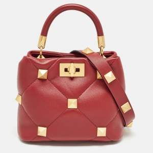 Valentino Burgundy Leather Small Roman Stud Top Handle Bag
