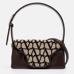 Pre Owned Valentino Brown/Beige Iconographe Canvas and Leather Le Petite Deuxième Top Handle Bag