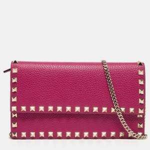 Pre Owned Valentino Fuchsia Leather Rockstud Flap Wallet on Chain