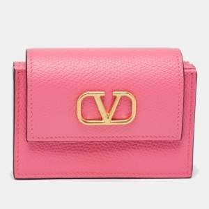 Pre Owned Valentino Pink Leather VLogo Gusset Card Case