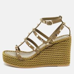 Pre Owned Valentino Green Leather Rockstud Wedge Sandals Size 39