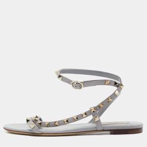 Valentino Grey Leather Rockstud Strappy Flat Sandals Size 38
