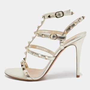 Pre Owned Valentino Gold Leather Rockstud Ankle Strap Sandals Size 39.5