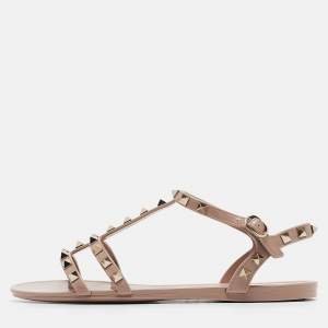 Pre Owned Valentino Dusty Pink Rubber Rockstud Ankle Strap Flat Sandals Size 39