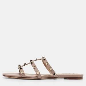 Pre Owned Valentino Dusty Pink Leather Rockstud Flat Slides Size 38.5