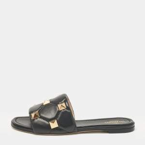 Valentino Black Leather Roman Stud Flat Slides Size 40