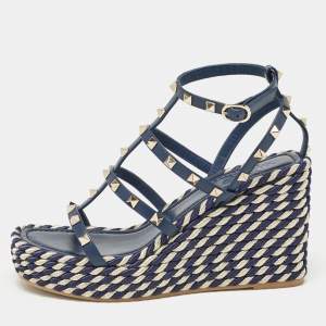 Valentino Navy Blue Leather Rockstud Wedge Sandals Size 39