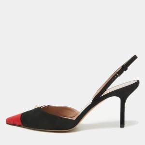 Pre Owned Valentino Black/Red Suede Rockstud Slingback Pumps Size  41