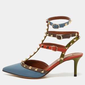 Pre Owned Valentino Multicolor Leather Rockstud Ankle Strap Pumps Size 39