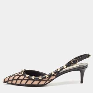 Pre Owned Valentino Black/Beige Leather Rockstud Slingback Pumps Size 39