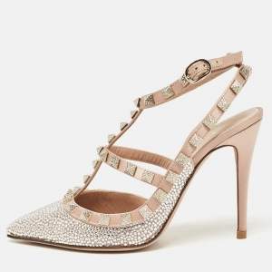 Pre Owned Valentino Beige/Silver Satin and Crystals Rockstud Pumps Size 36