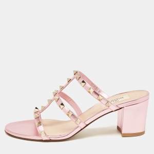 Pre Owned Valentino Metallic Pink Leather Rockstud Slide Sandals Size 38.5