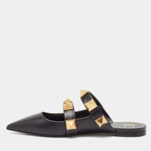 Valentino Black Leather Roman Stud Flat Mules Size 37