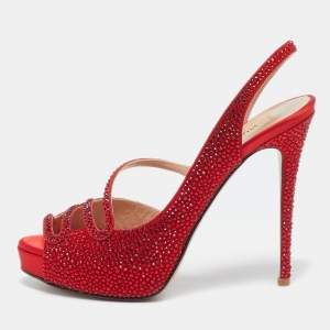 Valentino Red Suede Crystal Embellished Slingback Platform Sandals Size 37.5