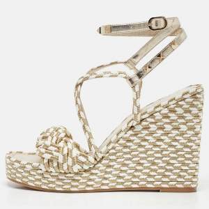 Pre Owned Valentino Light Gold/White Leather and Rope Torchon Rockstud Wedge Sandals Size 37