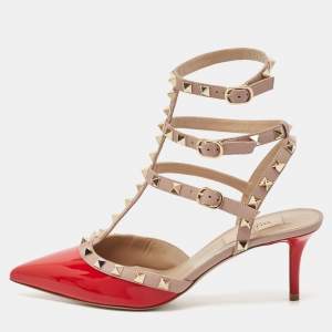Valentino Red/Dusty Pink Patent and Leather Rockstud Caged Pumps Size 38