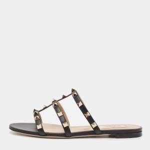 Pre Owned Valentino Black Leather Rockstud Flat Slides Size 37