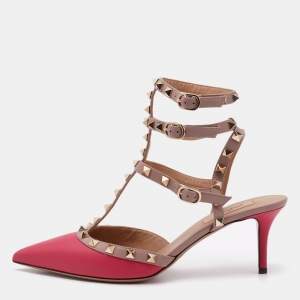 Valentino Beige/Pink Leather Rockstud Ankle Strap Pumps Size 39