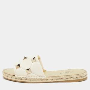 Pre Owned Valentino Ivory/Gold Leather Roman Stud Slide Flats Size 41