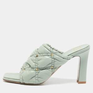 Valentino Mint Green Quilted Leather Rockstud Open Toe Mules Size 39