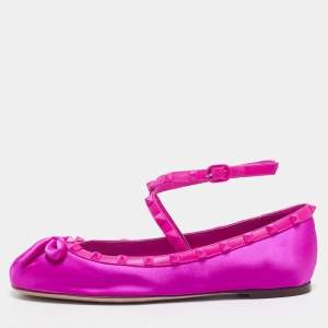 Valentino Pink Satin and Leather Rockstud Ankle Strap Ballet Flats Size 39.5