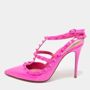 Valentino Fuchsia Pink Patent Leather Rockstud Caged Ankle Strap Pumps Size 41