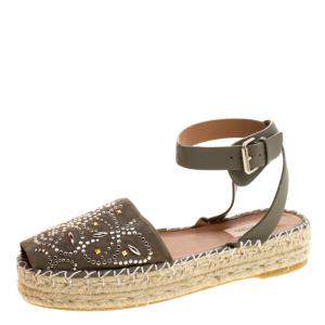 Pre Owned Valentino Army Green Embellished Suede and Leather Ankle Strap Espadrilles Size 40