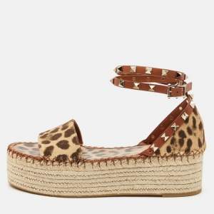 Valentino Beige Leopard Print Canvas Rockstud Espadrille Platform Sandals Size 39