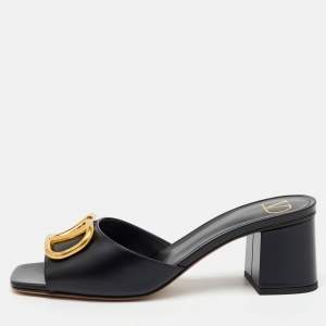 Valentino Black Leather VLogo Mule Sandals Size 37