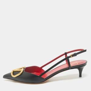 Valentino Black Leather Escape V logo Slingback Pumps Size 38
