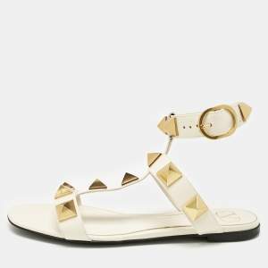 Pre Owned Valentino Cream Leather Roman Stud Flat Sandals Size 38