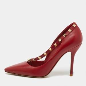 Pre Owned Valentino Red Leather Cross Strap Rockstud Pumps Size 39.5