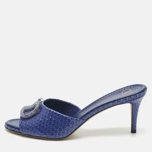 Pre Owned Valentino Blue Python Leather VLogo Slide Sandals Size 41