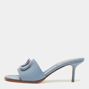 Pre Owned Valentino Blue Leather VLogo Slide Sandals Size 39.5