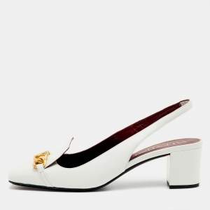 Pre Owned Valentino White Leather VLogo Chain Block Heel Slingback Pumps Size 36