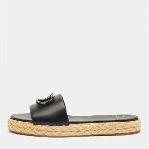 Pre Owned Valentino Black Leather VLogo Espadrille Slides Size 41