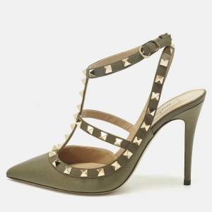 مملوكة مسبقًا Valentino Green Leather Rockstud Ankle Strap Pumps Size 38