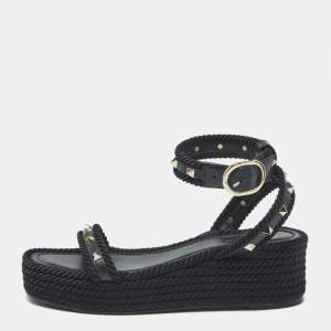 Pre Owned Valentino Rockstud Size 39 Black Leather and Rope Wedge Ankle Strap Sandals