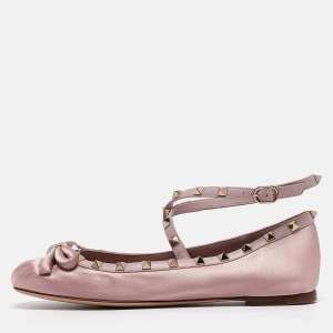 Pre Owned Valentino Rockstud Size 39.5 Brush Pink Satin Ballet Flats