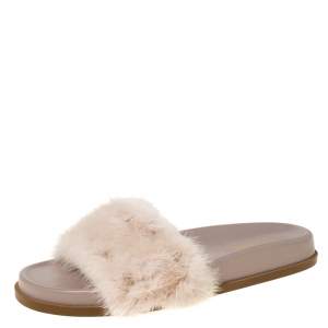 Pre Owned Valentino Beige Mink Fur Rockstud Flat Slides Size 38