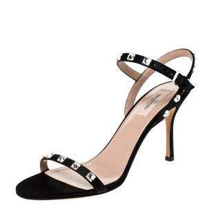Pre Owned Valentino Black Satin Rockstud Ankle Strap Sandals Size 39.5