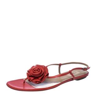 Pre Owned Valentino Red Leather Flower Flat Sandals Size 41