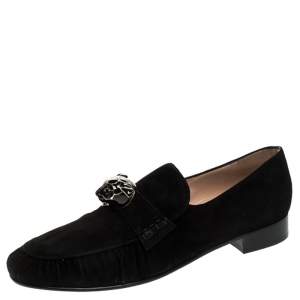 Pre Owned Valentino Black Suede Panther Detail Slip On Loafers Size 39