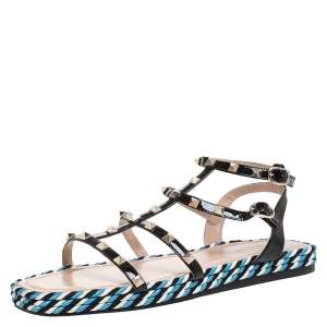 Pre Owned Valentino Black Patent Leather Rockstud Torchon Cage Espadrille Flats Size 41