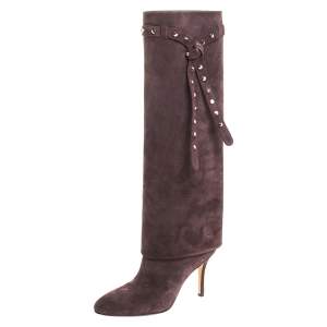 مملوكة مسبقًا Valentino Brown Suede Rockstud Tie Foldover Knee Length Boots Size 38