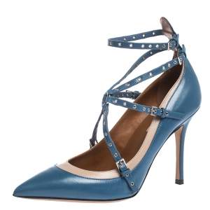 Pre Owned Valentino Blue/Beige Leather Rockstud Trim Ankle Wrap Pointed Toe Pumps Size 38.5
