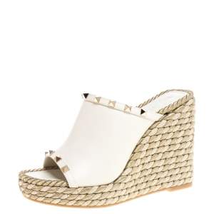 Pre Owned Valentino Cream Leather Rockstud Wedge Slide Platform Sandals Size 38