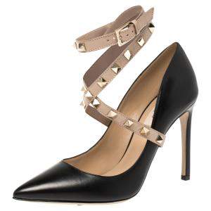 Pre Owned حذاء كعب عالي فالنتينو جلد بيج/أسود روكستد بحزام للكاحل مقدمة مدببة مقاس 36.5